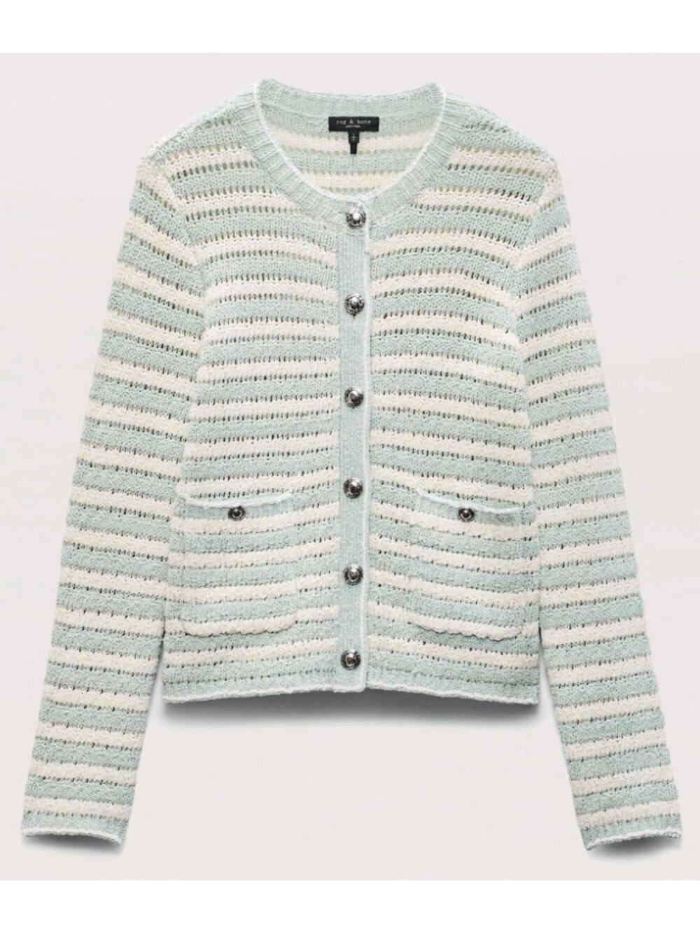 New Rag & Bone Jace Striped Cotton Lady Cardigan Green Cream M $398 - Picture 3 of 8